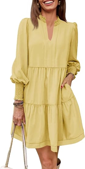 Womens Fall Long Sleeve Tunic Dress Casual V Neck Loose Ruffle Tiered Dress
