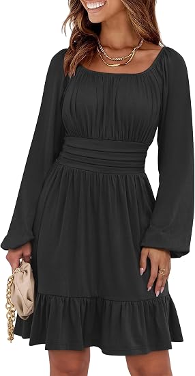 Womens Dress Long Lantern Sleeve Square Neck Elastic Waist Ruffle Flowy Swing A-Line Short Dresses 2026 Fall Fashion