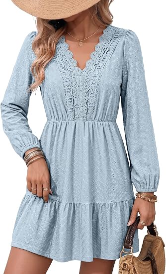 Womens Dresses Lace Hollow Out Embroidered V Neck Long Sleeve Dress | Summer Fall Dresses, Elastic Waist, Tiered, Swing A-Line, Mini Knee Length, Casual Wedding Guest Party Beach Vacation Outfits